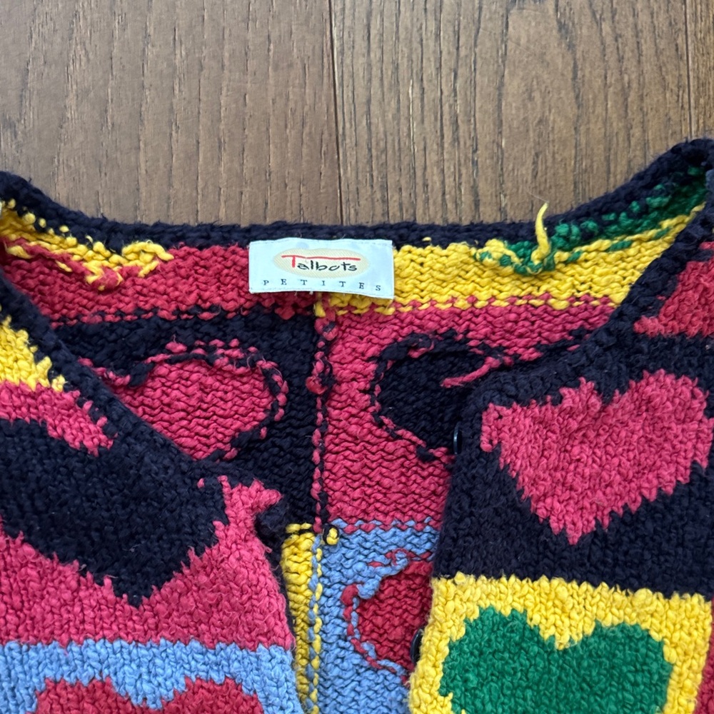 VINTAGE Talbots Heart Patchwork Cardigan - Red, Yellow, Blue, Green, Black - Picture 2 of 7